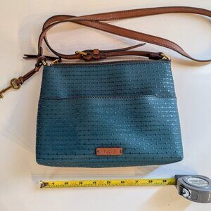 Fossil Dark Teal Coated Canvas Leather Trim Gemma Zip Shoulder Bag Crossbody